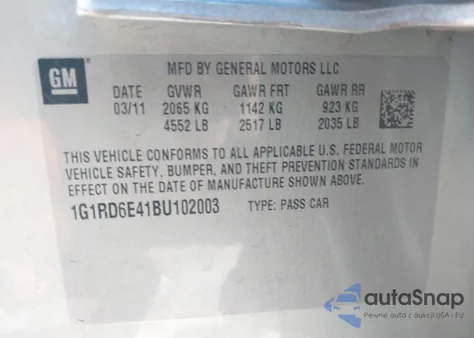 2011 Chevrolet Volt z USA, uszkodzony, nr VIN 1G1RD6E41BU102003